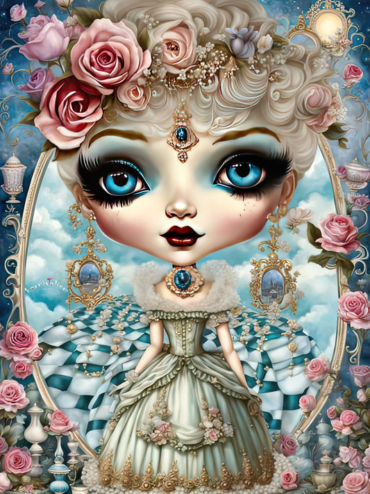 Image of Alice in the style or Rococo wearing heavy earrings and roses in her hair and a backdrop of checkers and mirrors